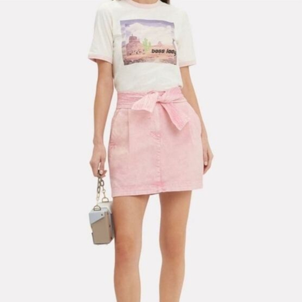 Ulla Johnson Drew Waist Tie Skirt Pink Acid Washed Denim Mini Skirt Size 0